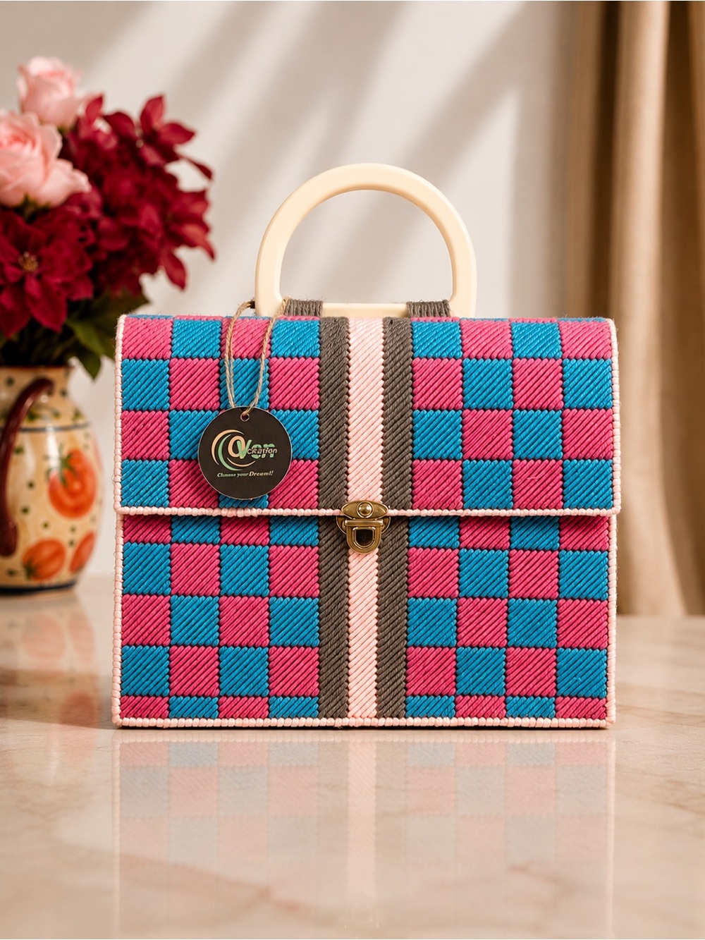 Chaser Pink & Turquoise Checkered Top-Handle Satchel with Cream Handle